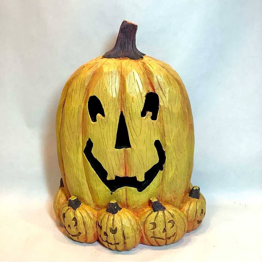 Jack O Lanterns Carved Wood Look Resin Halloween Decor Tiny Pumpkin Base